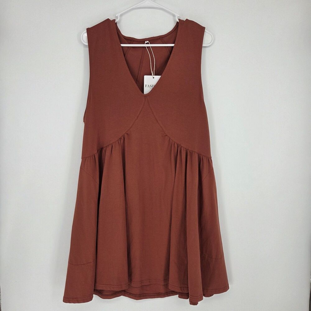 Womens Babydoll Mini Dress Large Sleeveless V-Neck Pleated Pockets Burnt Orange